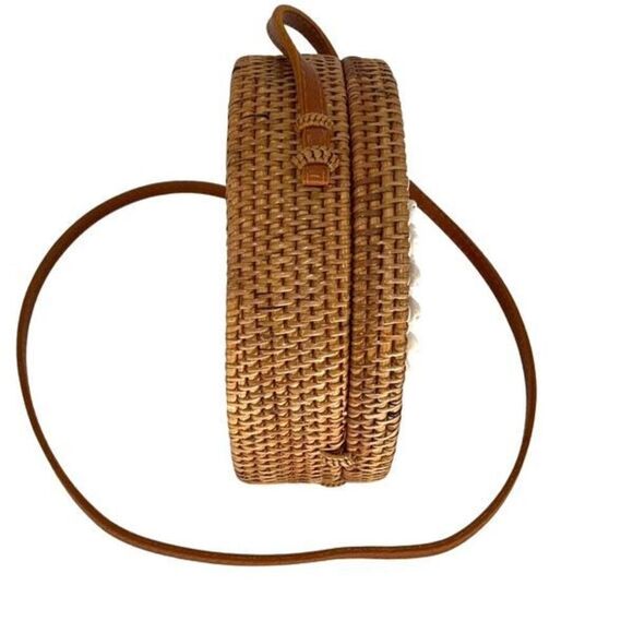 Jelavu Womens Rattan Floral Shells Round Crossbody Handbag Brown White OS - Picture 5 of 11